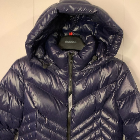 NWT $1195 RUDSAK duck down Quilted shell hooded jacket /belted coat Women Navy - Picture 8 of 11